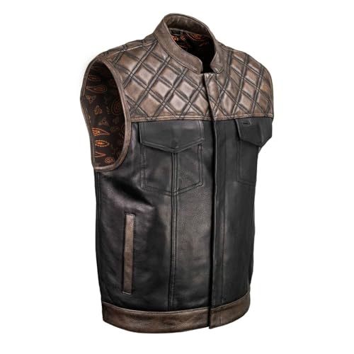 Milwaukee Leather Mens Leather Club Vest Paisley Lining Contrast Stitch Patch Ready Back Storage Pockets - X-Large