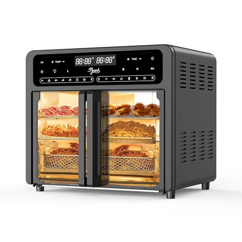 PwZzk 25.4QT Dual Zone Air Fryer Toaster Oven Combo, French Glass Door, XL Capacity, 100-430°F Temperature Range, 16 Preset Functions, LED Display, Dual Fan, 360° Heat Circulation