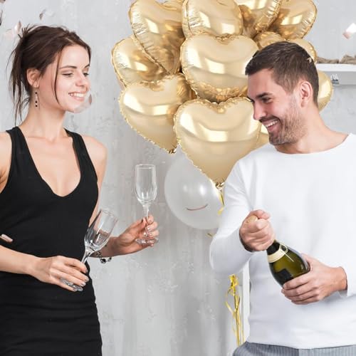 Image of AMFIN (Pack of 5) Champagne Gold Heart Foil Balloons | Metallic Helium Balloons for Birthday, Anniversary, Wedding, Engagement, Valentine & Party Decorations