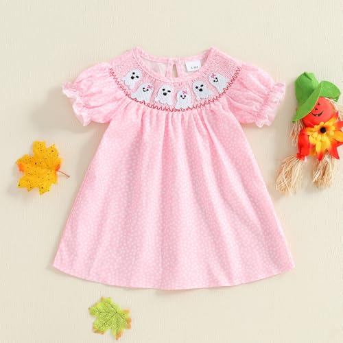 Toddler Baby Halloween Smocked Dress Puff Short Sleeve Pumpkin Embrodiery Plaid Vintage Dresses Princess Party Dress4