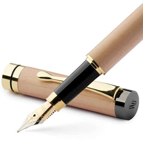 Image of Wordsworth & Black Bamboo Wood Fountain Pen Set for Writing, Fine Nib | Maple Wood, Gift for Men Women, German Iridium 18K Gilded, Calligraphy Journaling, Converter + 6 Cartridges, Refillable