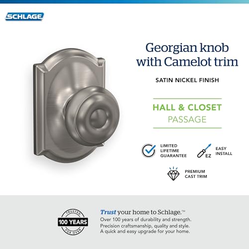Image of Schlage F10 GEO 619 CAM Georgian Door Knob with Brookshire Trim, Hall & Closet Passage Lock, Satin Nickel