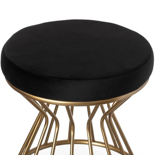 Image of Round Velvet Ottoman Seatting Stool Foot Rest Vanity Dressing Stool with Gold Metal Legs Modern Upholstered Footstool for Living Room Bedroom Home and Office Black