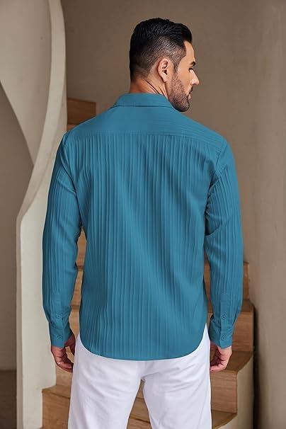 Image of DEELMO Combo of Men's Casual Button Down Shirts Long Sleeve Linen Shirt Fashion Textured Summer Shirts Pack of 2