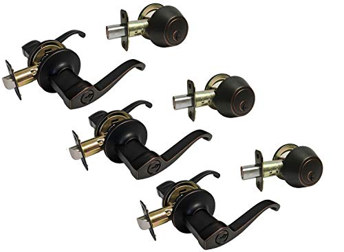 3-Sets Dark Oil Rubbed Bronze Entry Entrance Levers With Matching Single Cylinder Deadbolts Combo Keyed Alike 835Dbr #TOP22