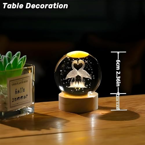 Image of 3D Crystal Ball LED Night Lamp with Wooden Base | Warm Light Bedside Table Lamp for Bedroom, Living Room, Kids Room, Study, Home Decoration & Gifting (K Flamingo)