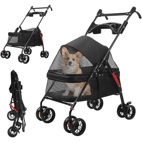 Passeggino per animali domestici a 4 ruote, leggero pieghevole per cani e gatti, portatile per animali domestici, passeggiate, portabicchieri in rete traspirante, capacità 10 kg, passeggino compatto