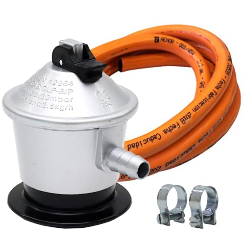 FLASHPRIX Regulador Gas Butano con Válvula de Seguridad + Manguera de Gas Butano de 1,5 mts + 2 Abrazaderas Cover