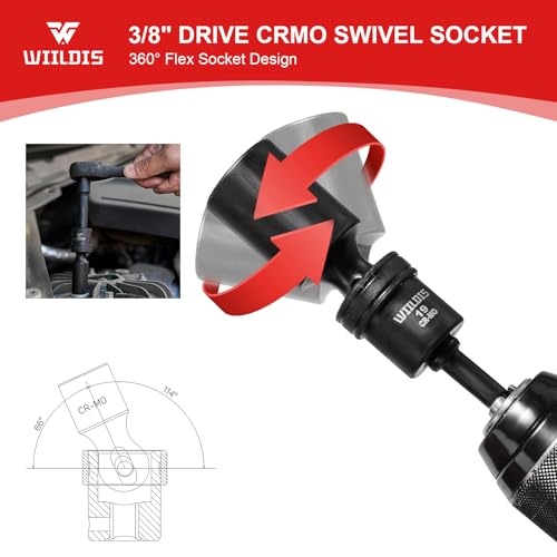 Image of WIILDIS 14 Pieces 3 /8 inch Drive Swivel Socket Set, Deep Universal Impact Socket Set, Metric(10-19mm) Flexible Magnetic Wobble Socket Set, 6 Point, CR-MO, 3 inch, 6 inch Extension Bars, Socket Adapter