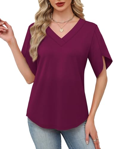 Image of WIHOLL Womens Summer Tops Short Petal Sleeve Shirts Fashion V Neck Womens Clothing