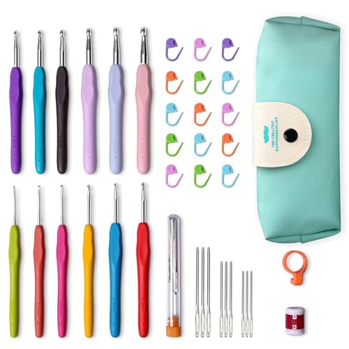 Image of THE WOOLY WONDERS Crochet Hooks Set, 41 Pcs Full Size, Ergonomic Soft Grip Rubber Handles, Crochet Kits for Beginners Adults, Sister Gift, Arthritic Hands, Large Crochet Needle with Blue Case