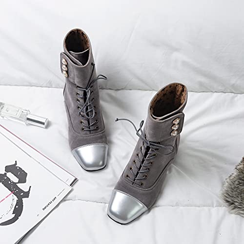 VOKLIN Women's Square Toe Lace Up Dressy Ankle Boots Block Low Heel Velvet Lined Western Dress Short Booties 5