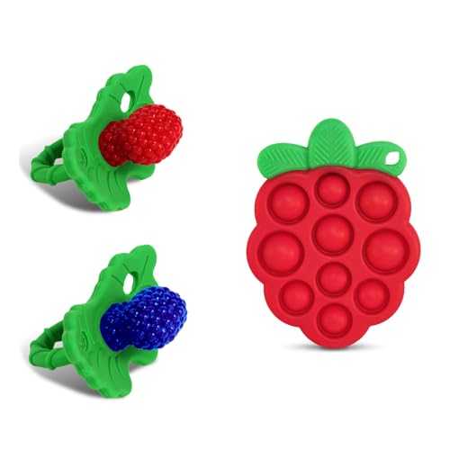 Image of RaZbaby RaZberry Teether 2-Pack (Red/Blue) + RaZberry Pop Teether for Babies 3 Months & Up - BPA Free Silicone - Textured for Sensory Stimulation and Development