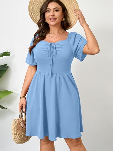 Image of RWJ Women Plus Size Summer Dress Short Sleeve Tie Front Sweetheart Neck Casual Mini Wedding Guest Dresses 2025