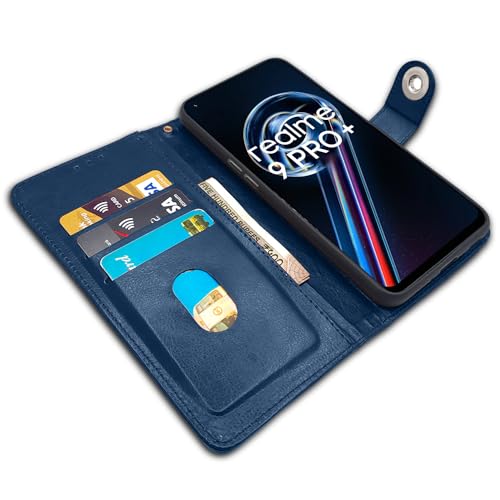 Image of Pikkme Realme 9 4G / Realme 9 Pro Plus 5G Flip Cover Leather Finish | Inside TPU with Card Pockets | Wallet Stand and Shock Proof | Complete Protection Button Flip Case (Blue)