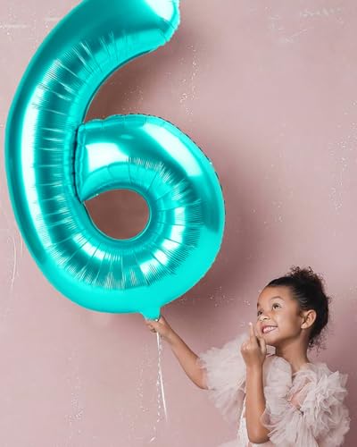 Image of 6 Balloon 40 inch Teal Blue Number Balloons for 6 Birthday Party Decoration | Saturated Color, Large 40 in, With Inflation Straw & Hanging Hole, Great for Men's Party, Back-To-School Season, Pool Party