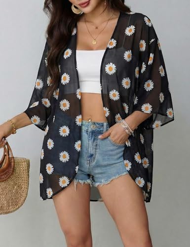 Image of Chunoy Women Floral Beach Wear Cover Up Chiffon Kimono Cardigan Open Front Blouse Top