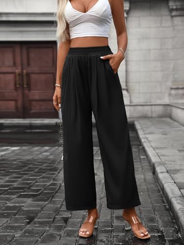 Womens Pleated Wide Leg Pants Elastic High Waist Stretch Casual Trousers with Pockets2