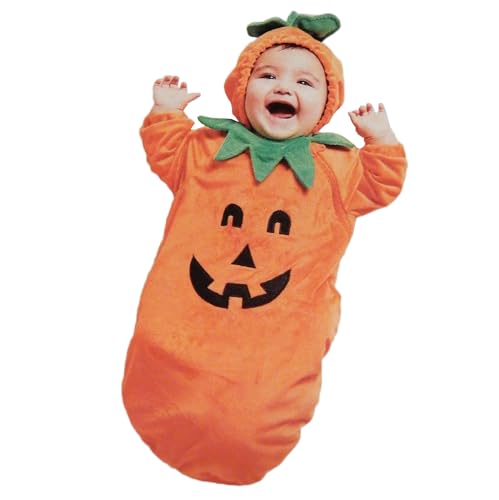 BSaogr Newborn Baby Girl Boy Halloween Outfits Plush Pumpkin Hoodie Zipper Onesie Long Sleeve Fleece Hooded Jumpsuit (Orange 0-3 Months)