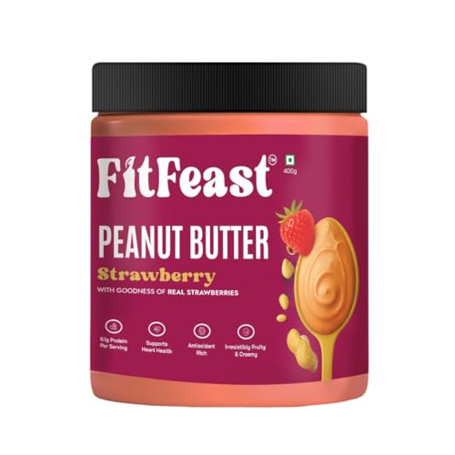 Image of FitFeast Peanut Butter | 400g Each | Pack of 1 | No Trans Fats | No Cholesterol | Sweetened with Honey | Antioxidant-Rich | As Seen on Shark Tank (Pack of 1, Strawberry)