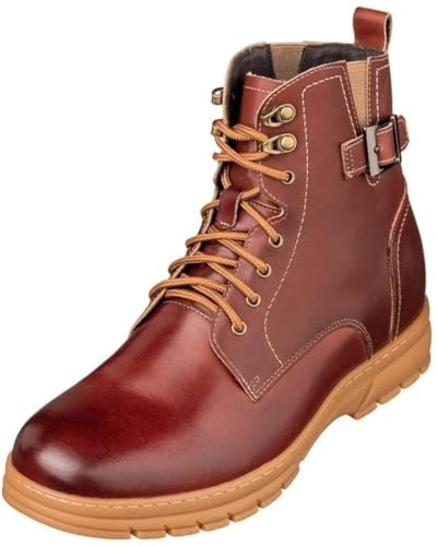 TOTO Men's Invisible Height Increasing Elevator Shoes - Cordovan Dark Brown Premium Leather Lace-up Combat Style High-Top Boots - 2.8 Inches Taller - K16206 - Size 8 D(M) US
