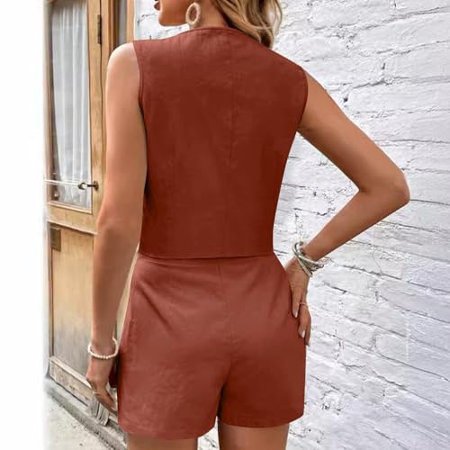HGps8w Womens Summer 2 Piece Business Office Outfits Button Down V Neck Suit Vest Waistcoat Matching Shorts Sets with Pockets4