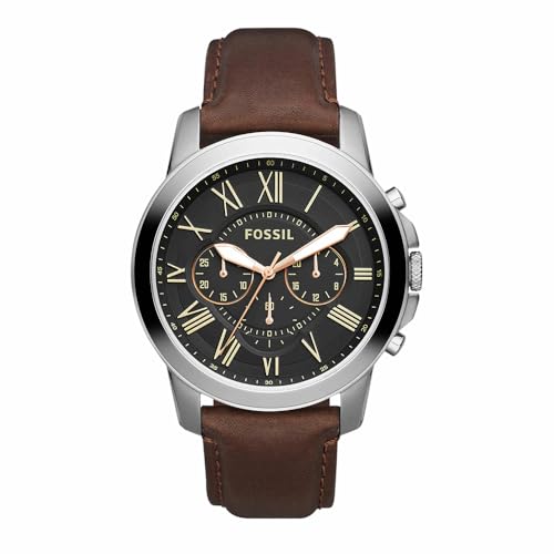 Fossil Grant uhr für Herren, Quarz-Chronographenwerk, mit Edelstahl- oder Lederarmband, Hellbraun und Silberton, 44MM