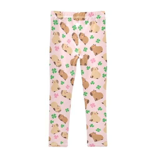 Capybara with Lucky Clover Pink Girls Leggings Soft Comfortable Athletic Leggings Dancing Pants for 4-10 Years2