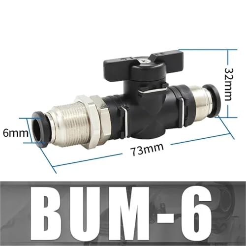 Válvula manual neumática BUM de 6mm con interruptor de dirección negro y acople recto 3