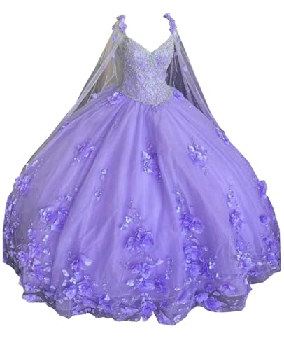 2025 V Neck 3D Floral Flowers Glitter Tulle Charro Quinceanera Prom Dresses with Cape Ball Gown