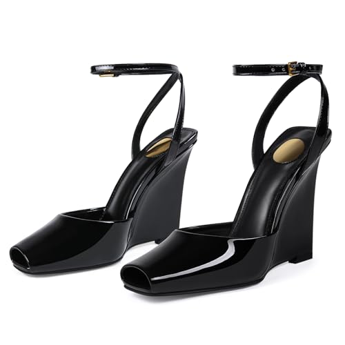Peep Toe Wedges Sandals for Women Square Open Toe Buckle Ankle Strap Wedge Heels Patent Leather Slip-on Slingback Pumps Sexy Dressy Summer Shoes2