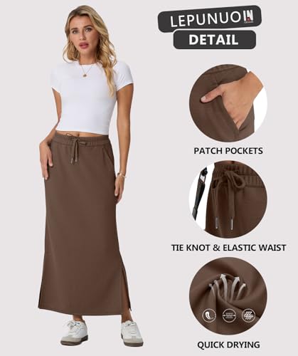 Image of Lepunuo Women's High Waisted Sweat Maxi Skirt with Pockets Slit | Ultra Soft Sweat Fabric, High Waist Drawstring, Deep Phone Pockets, Side Slit for Movement, Ideal for Lounge Travel