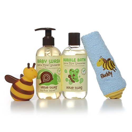 Image of Little Twig Bath Time Fun Fragrance Free Baby Wash and Bubble Bath Plus Soft Washcloth and Tub Toy Mini Gift Set, 1.25 Pound