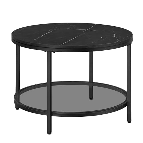 VASAGLE Coffee Table, Living Room Table, Sofa Cocktail Table Faux Marble Round, Tempered Glass Storage Shelf, Easy to Assemble, Modern Style, for Living Room, Marble Black and Ink Black LCT072B58