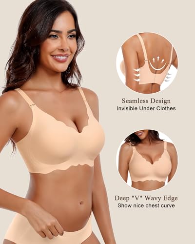 Image of HORISUN Wireless Seamless Bras for Women No Underwire Wavy V Neck Soft Support Full Coverage Comfortable Bra