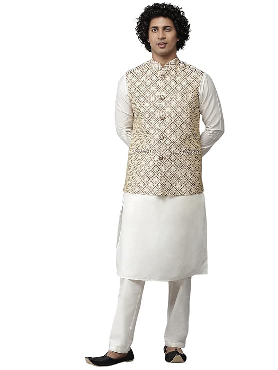 see designs Men Gold & White Woven Jacquard Nehru Jacket-picture-37