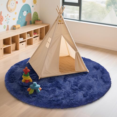 Blue Fluffy Round Area Rugs for Living Room,6'X6'Shag Circle Area Rugs for Bedroom,Non Slip Fuzzy Plush Rug for Kids Room Boys Girls Room and Dorm Home Decor Rug