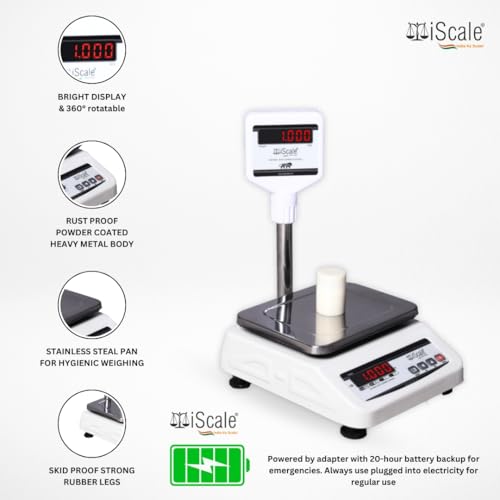 Image of iScale i-03P Commercial Weighing Scale 30kg x 1g | Rechargeable with Front & Pole Double Display | Small Size 7x9 Inch Pan | Ideal for 5-10kg Weighing in Shops | With Calibration Certificate