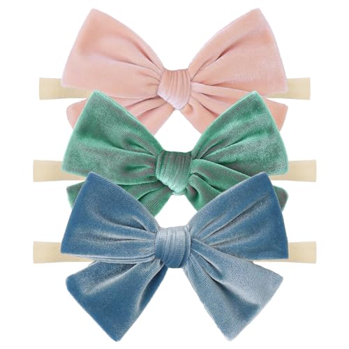 Image of ONENINEDREAM 4'' Baby Velvet Gloss Bows Handmade Headbands Tied Bow Elastic Nylon Hair Accessories for Baby Girls Newborn Infant 3 Pcs Light Blue Aqua Pink