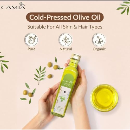Image of CAMIA - Organic Cold Pressed Olive Oil for Skin & Hair | Natural Skincare & Hair Treatment | Strengthen Hair Roots & Deeply Moisturizes Skin | 1000 ML Glass Bottle