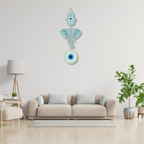 Image of GiftOday Elephant Wooden Wall Hanging for Home Kitchen Decor | Hamsa Hand Decoration for Livingroom | Modern Artworks Items | Peace Charm Door Accent Decorative Hangings Size-18 x 30 CM