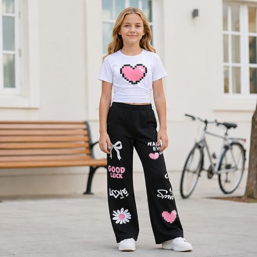 Image of Girls Clothes 2 Piece Cute Pixel Heart-Print Top Graffiti-Print Pants Sets | Trendy Y2K Inspired Outfit with Fitted Top and Wide Leg Bottoms, Casual Streetwear for Teens Girls 7-14Y