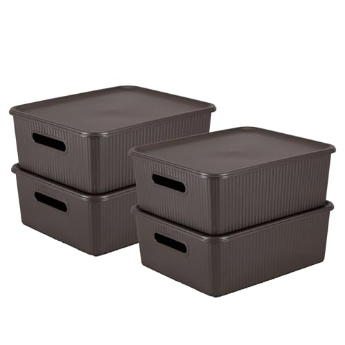 Image of Kolorr Ribbed Baskets Medium Pack of 4 With 4 Standard Lid (Non-Airtight Loose-Fit Cover) Multipurpose Plastic Storage Baskets For Cloths Wardrobe Home Kitchen & Livingroom I Dark Brown