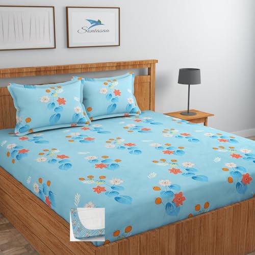 Image of 202 TC Cotton Feel All Around Elastic Fitted Bedsheet, Elastic Fitted Bedsheet King Size Bedsheet for Double Bed with 2 Pillow Covers, Size - 72 x 78 x 8 Inch Color Sky Blue