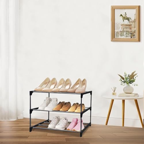 Image of Metal Shoe Rack Organizer Adjustable Storage Shelf for Entryway, Closet, Bedroom Space Saving Design, Durable Metal Frame, Black (3 Tier)