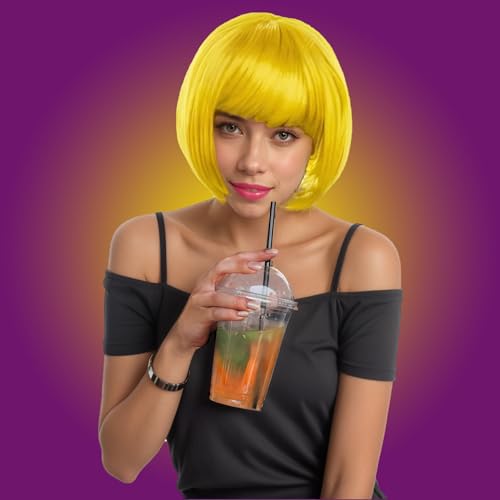 Image of LIULIUBTY Short Bob Hair Wigs Straight with Flat Bangs Synthetic Colorful Cosplay Daily Party Neon Wig for Women with Wig Cap 12 inch Natural As Real (Yellow)