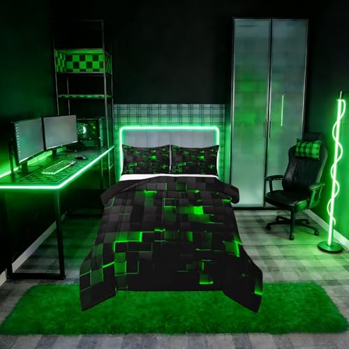 Image of Erosebridal Black Green Comforter Set Full Neon Geometric Checkered Bedding Set for Kids Boys Gaming Room Decor,Teen Men Abstract Stereoscopic Grids Quilt Square Plaid Check Bed Set 3 Pcs