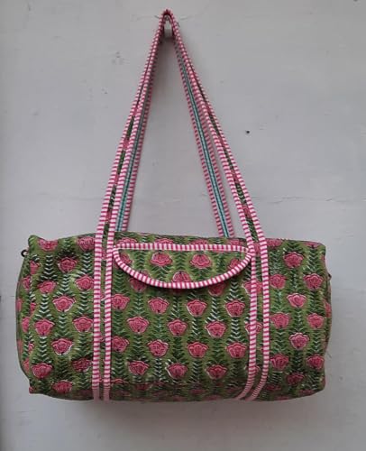 Quilted Cotton Duffle Bag Beautiful Flower Hand Block Printed Bag Handmade Shoulder weekender Travel Luggage Carry Overnight Bag (Design-10)2
