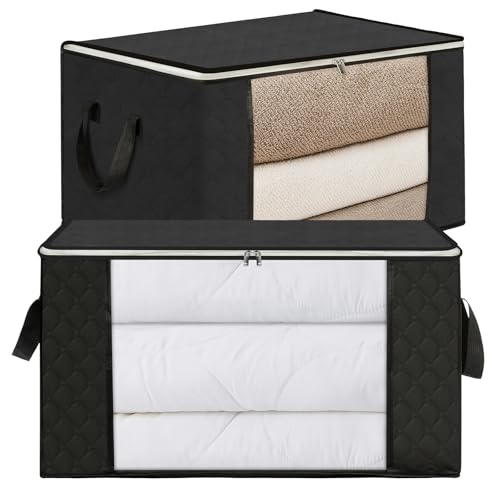 AiQInu Scatole per Vestiti Salvaspazio, 2PCS 90L Pieghevole Porta Abiti Grande Capacità, Custodia Trapunte e Coperte con Manico Rinforzato, per Armadio e Biancheria da Letto, 60x44x35CM Nero