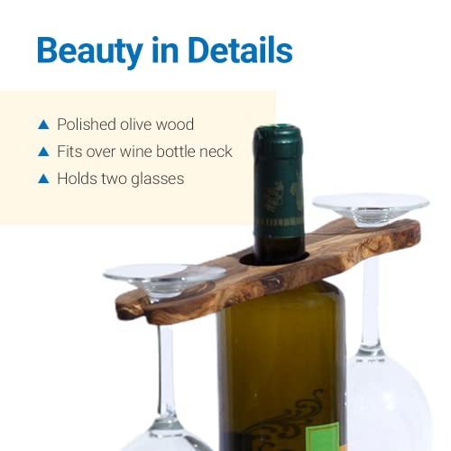 Kamsah Olive Wood Wine Bottle And Glass Holder - Handmade Wooden Stand For Two Glasses And Bottle - Countertop Wine Racks - Tabletop Kitchen Decor #TOP3